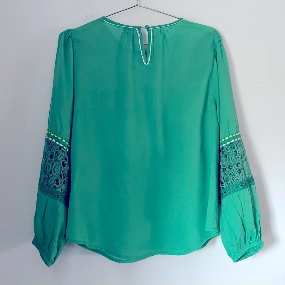 Anthro Blank London Boho Lace Yoke Peasant Blouse Emerald Green Embroidery